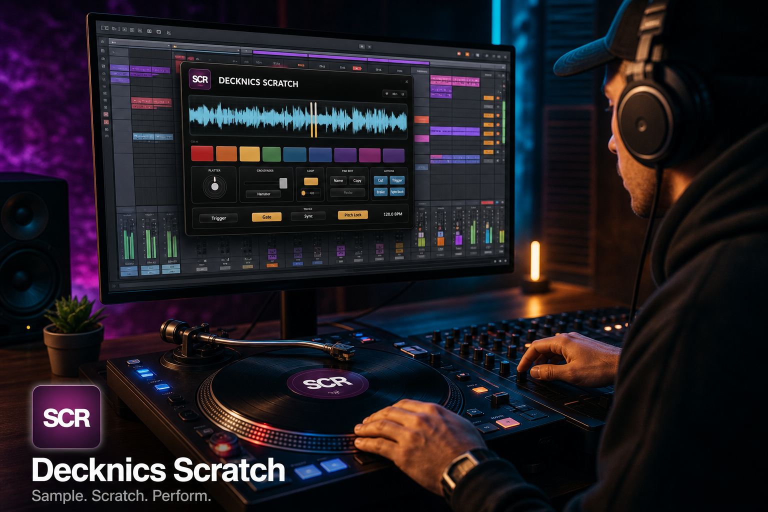 Decknics Scratch plug-in running in a DAW with a turntable