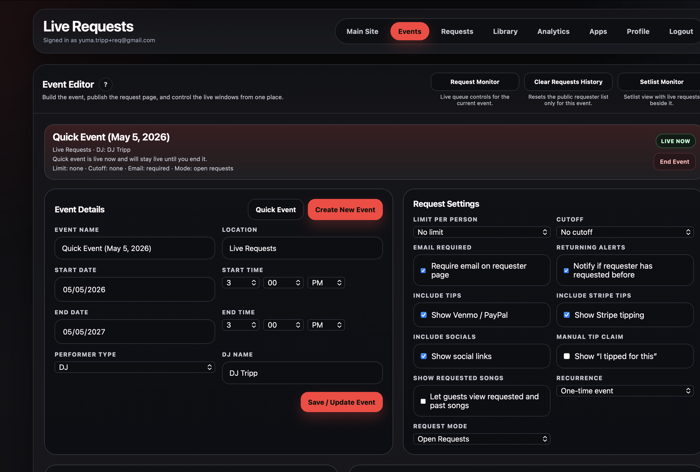 Decknics Live Requests event editor