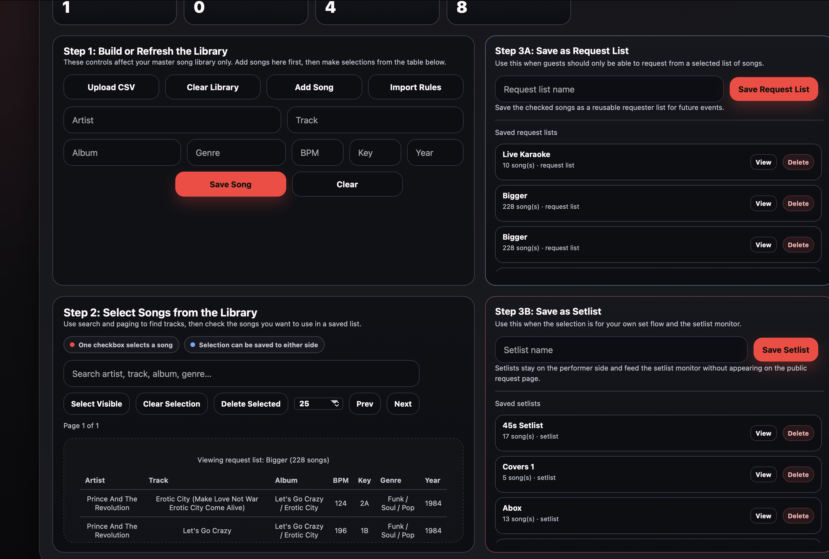 Decknics Live Requests library and setlist tools