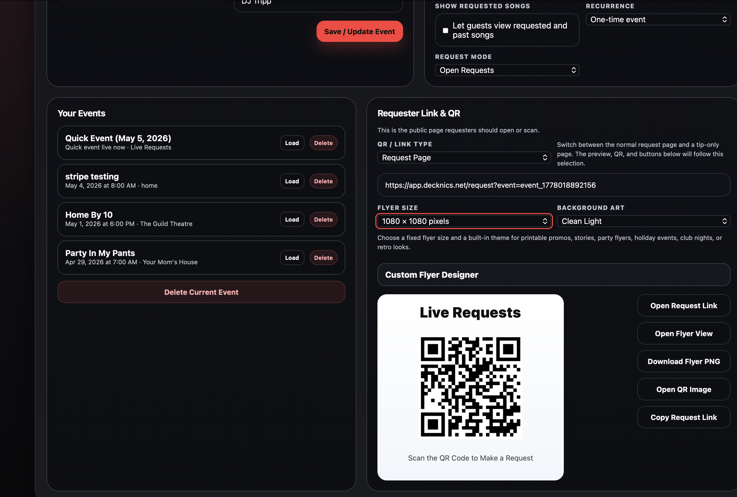 Decknics Live Requests flyer and link delivery tools